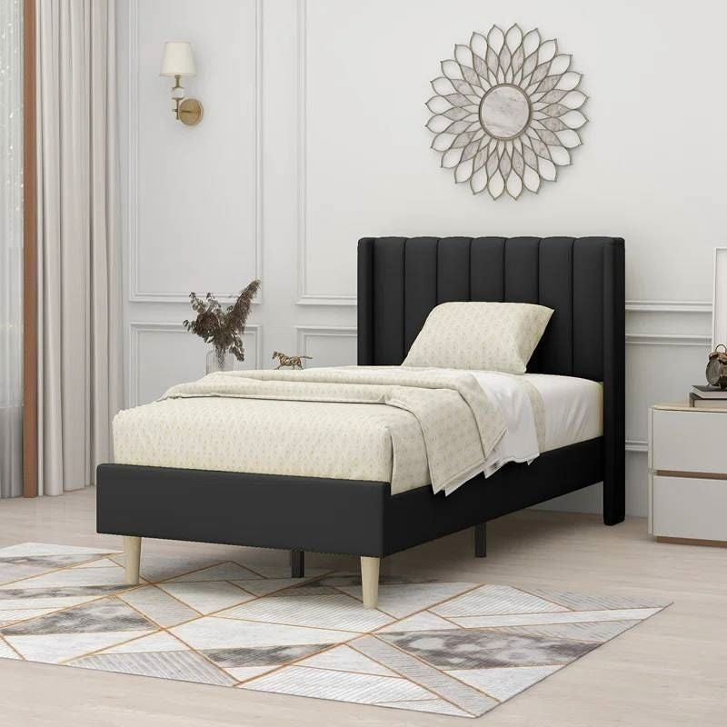 Twin size Mid-Century Black Linen Platform Bed Frame with Upholstered Headboard-2
