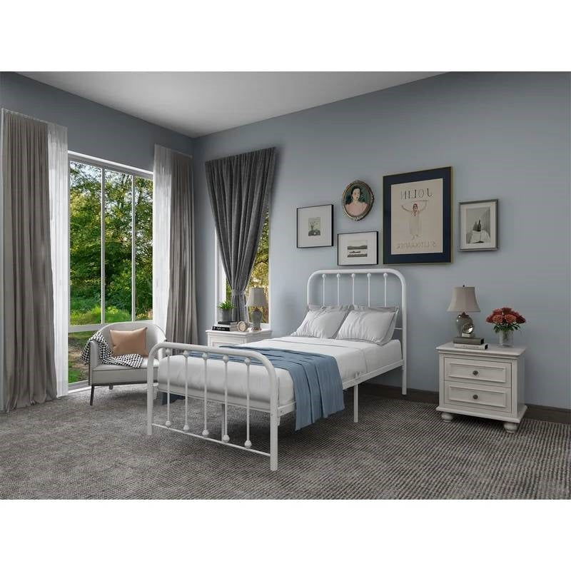Twin White Metal Bed Frame with Slatted Rounded Corners Headboard and Footboard-1