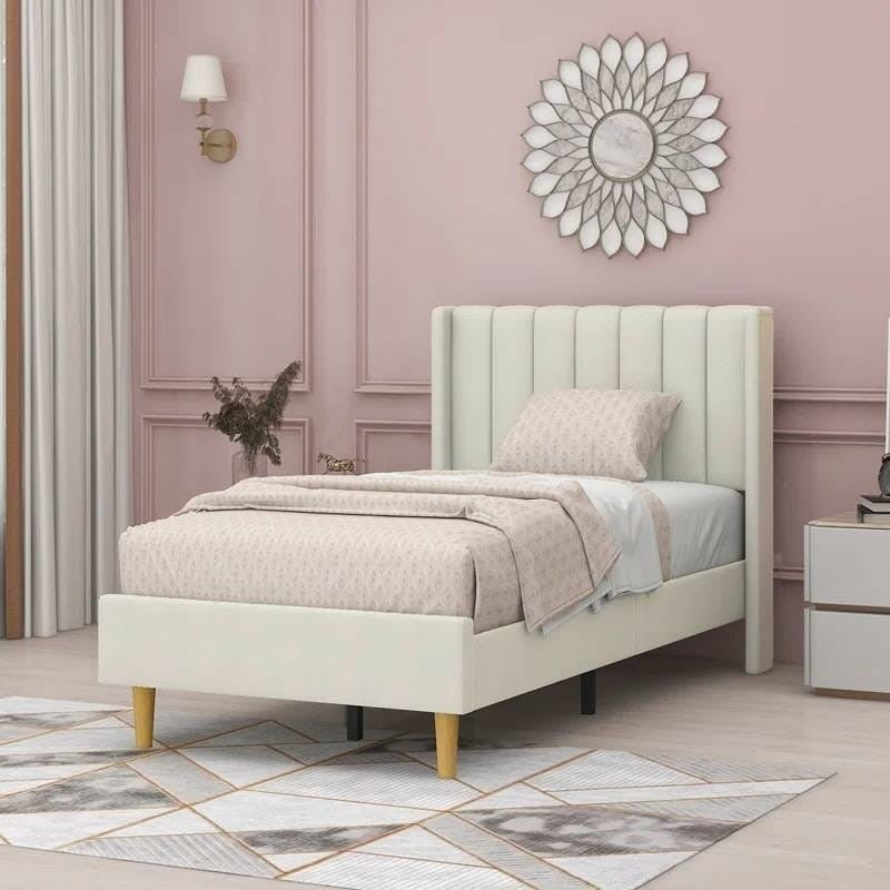 Twin size Mid-Century Platform Bed Frame with Cream Velvet Upholstered Headboard-2