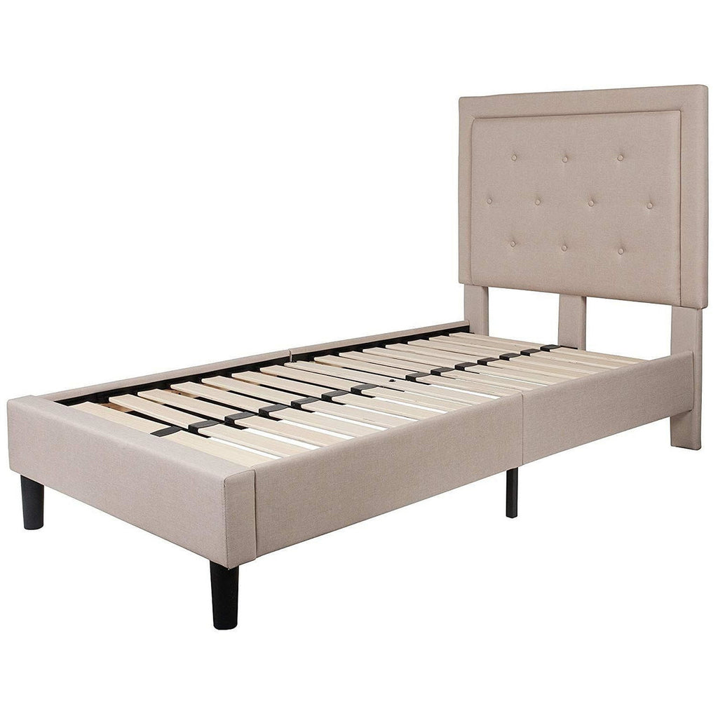 Twin Beige Fabric Upholstered Platform Bed with Button Tufted Headboard-1