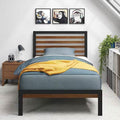 Twin Student Dorm Black Metal Platform Bed Frame with Brown Wood Slat Headboard-0