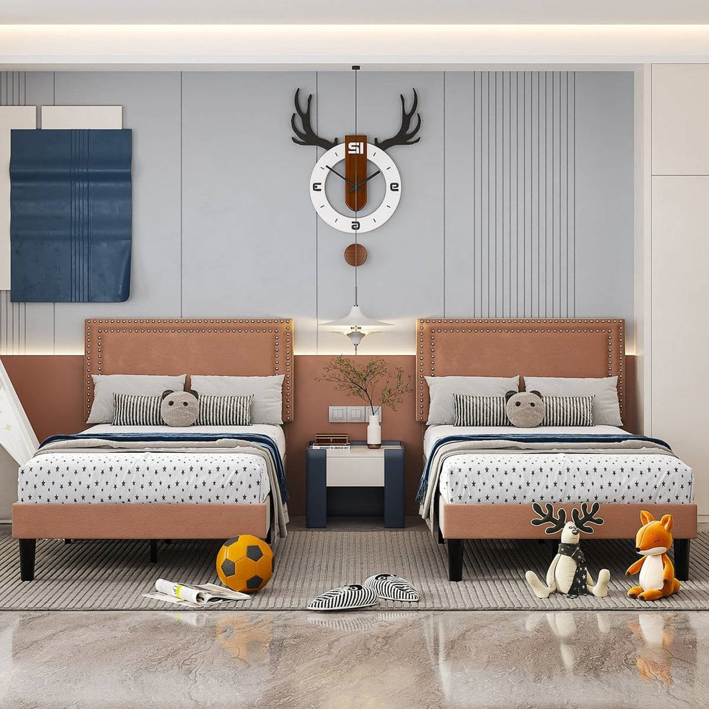 Set of 2 - Twin size Brown Tan Tufted Upholstered Platform Bed with Headboard-1