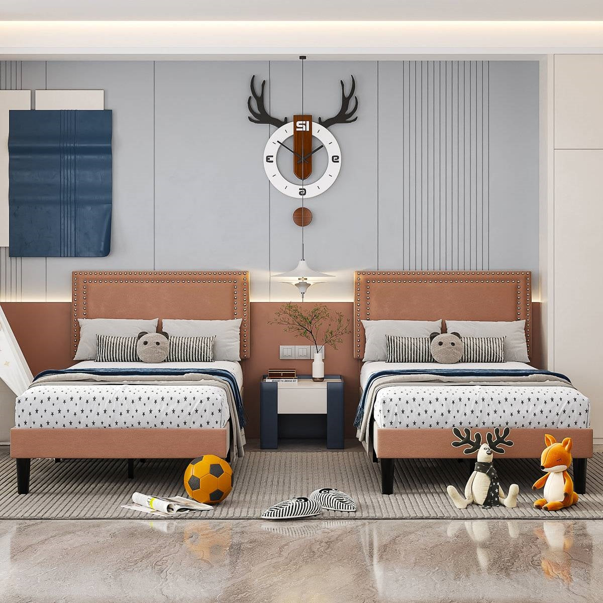 Set of 2 - Twin size Brown Tan Tufted Upholstered Platform Bed with Headboard-1