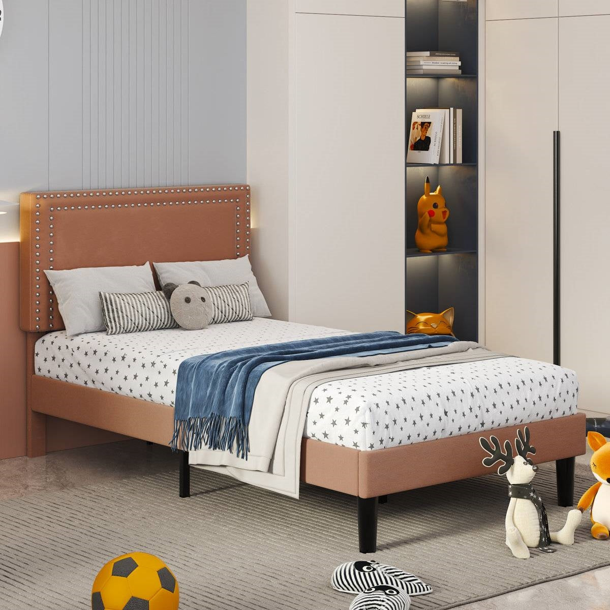 Set of 2 - Twin size Brown Tan Tufted Upholstered Platform Bed with Headboard-2