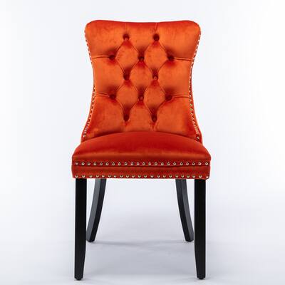 French Style Solid Wood Frame Antique Painting,Hand-pulled buckle decoration PU artificial leather Dining Chair with Nailhead Trim ,Wood Legs,Density Foam,Steel Spring inner,Set of 2,Orange,SW1839OG