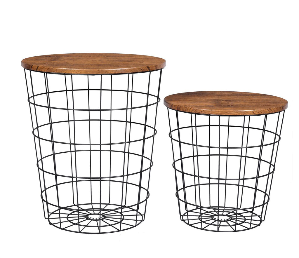NNEDSZ YES4HOMES Vintage Round Coffee Tables Set of 2 Side Tables Robust Steel Frame for Living Room Bedroom Rustic Brown and Black