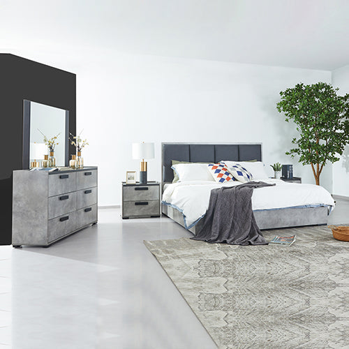 NNEDSZ Queen 4 Pcs Bedroom Suite with Dresser Fabric Upholstery MDF Combination of Black & Cement Colour-0