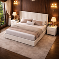 Queen White Wingback Storage Bed with 2 Nightstands Set with Drawers and Channel Tufted Headboard