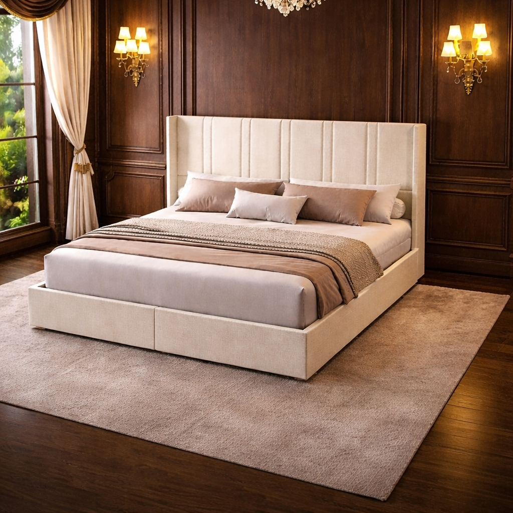 Queen White Wingback Storage Bed with 2 Nightstands Set with Drawers and Channel Tufted Headboard
