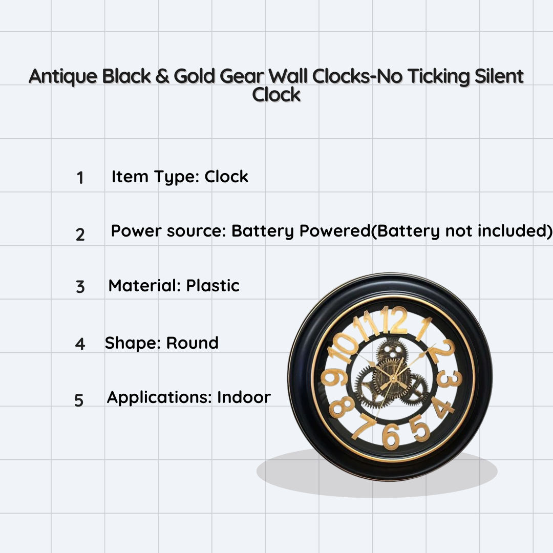 Antique Black & Gold Gear Wall Clocks-No Ticking Silent Clock ~5186-3