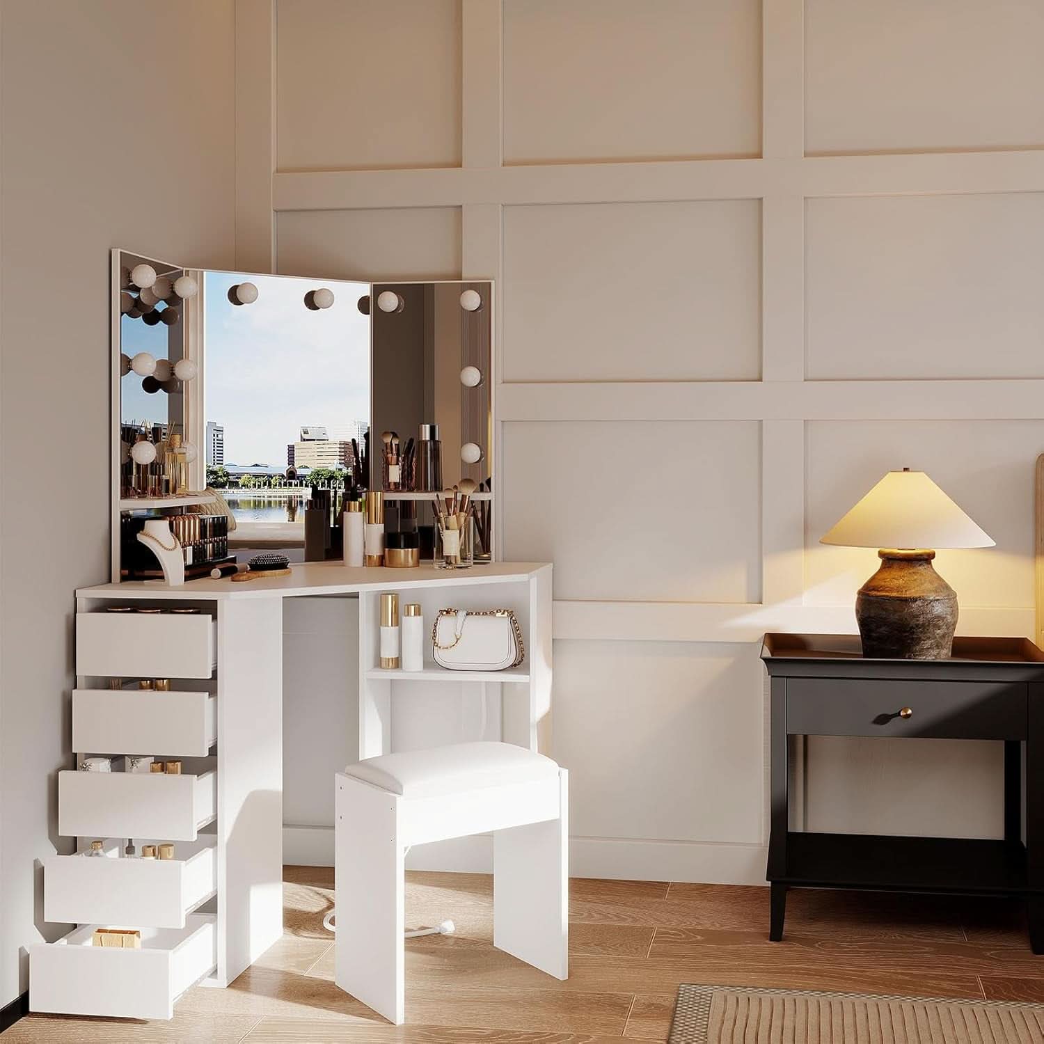 White Corner Vanity Desk With Illumination Modules-3
