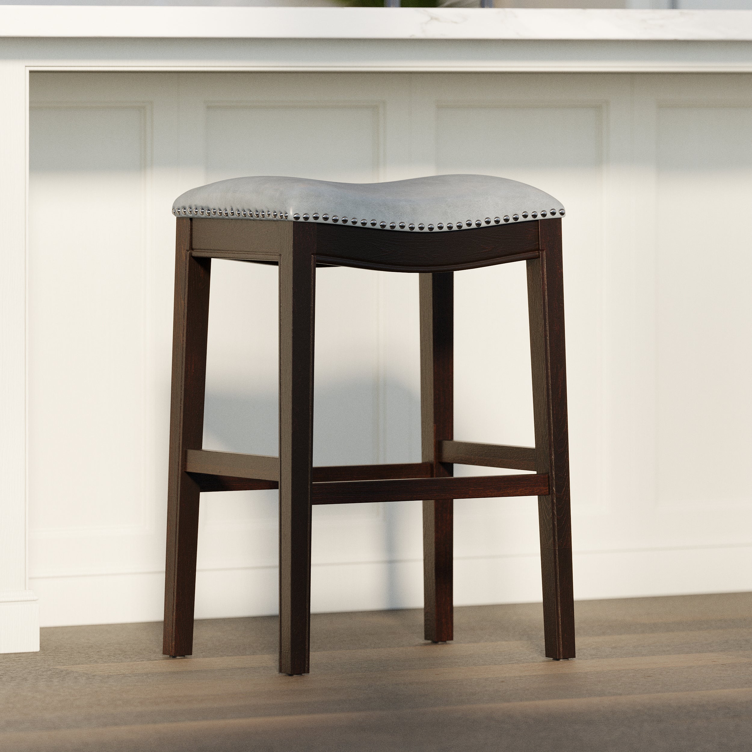 31in. H Bar-Height Wood Barstool with Gray Faux-Leather Seat, 1PC