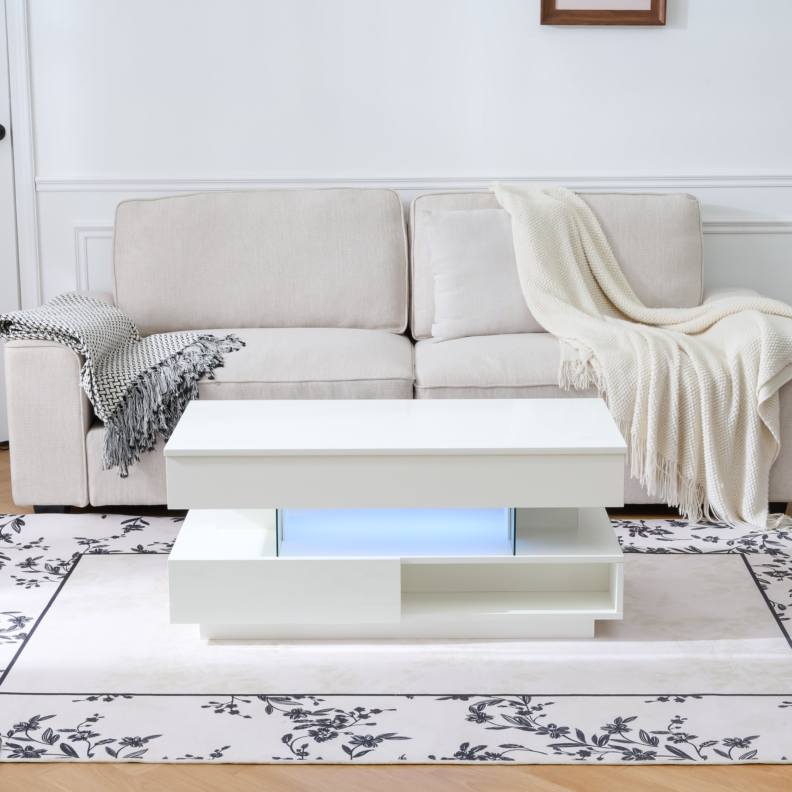 39.3' Lift Top Coffee Table with Hidden Compartment, 2 Storage Drawers and Ajustable LED Lights,Modern Multifunction Coffee Tables for Living Room, Bedroom,Office(White)