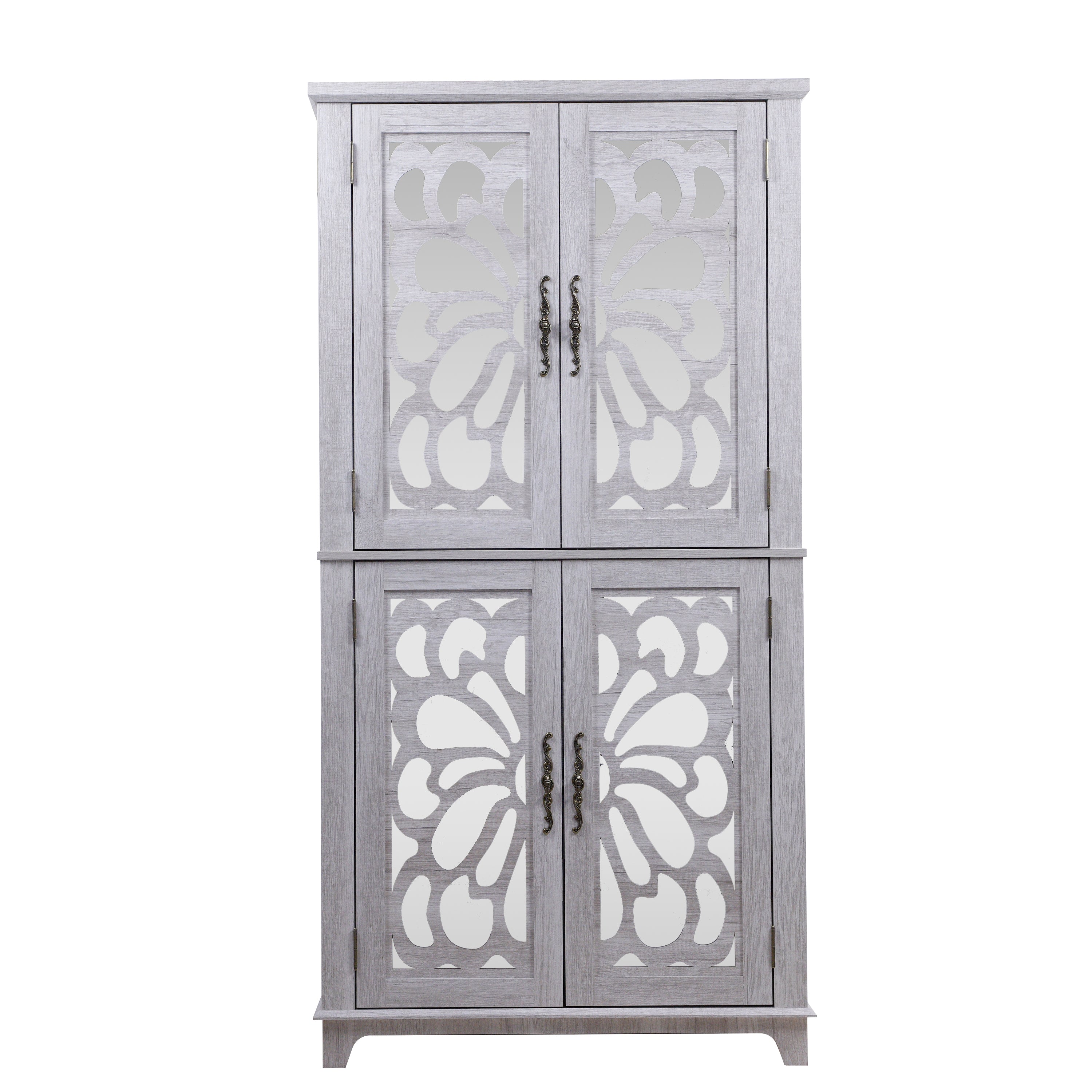 Light Gray Mirrored Doors Accent Storage Cabinet with Adjustable Shelves, 67.4' H, Corner Entryway Living Room Bedroom Kitchen Bookcase