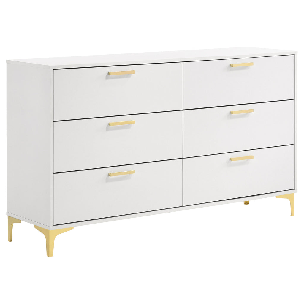 Karena White Rectangular 6-Drawer Dresser with Gold Hardware, White Finish Asian Hardwood, 34.25H x 58.5W x 15.75D