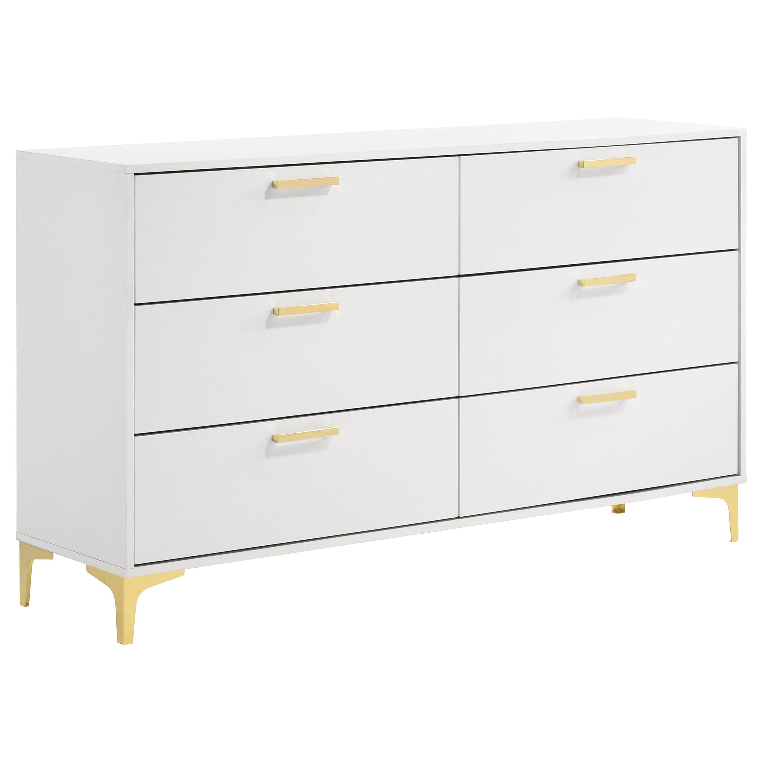 Karena White Rectangular 6-Drawer Dresser with Gold Hardware, White Finish Asian Hardwood, 34.25H x 58.5W x 15.75D