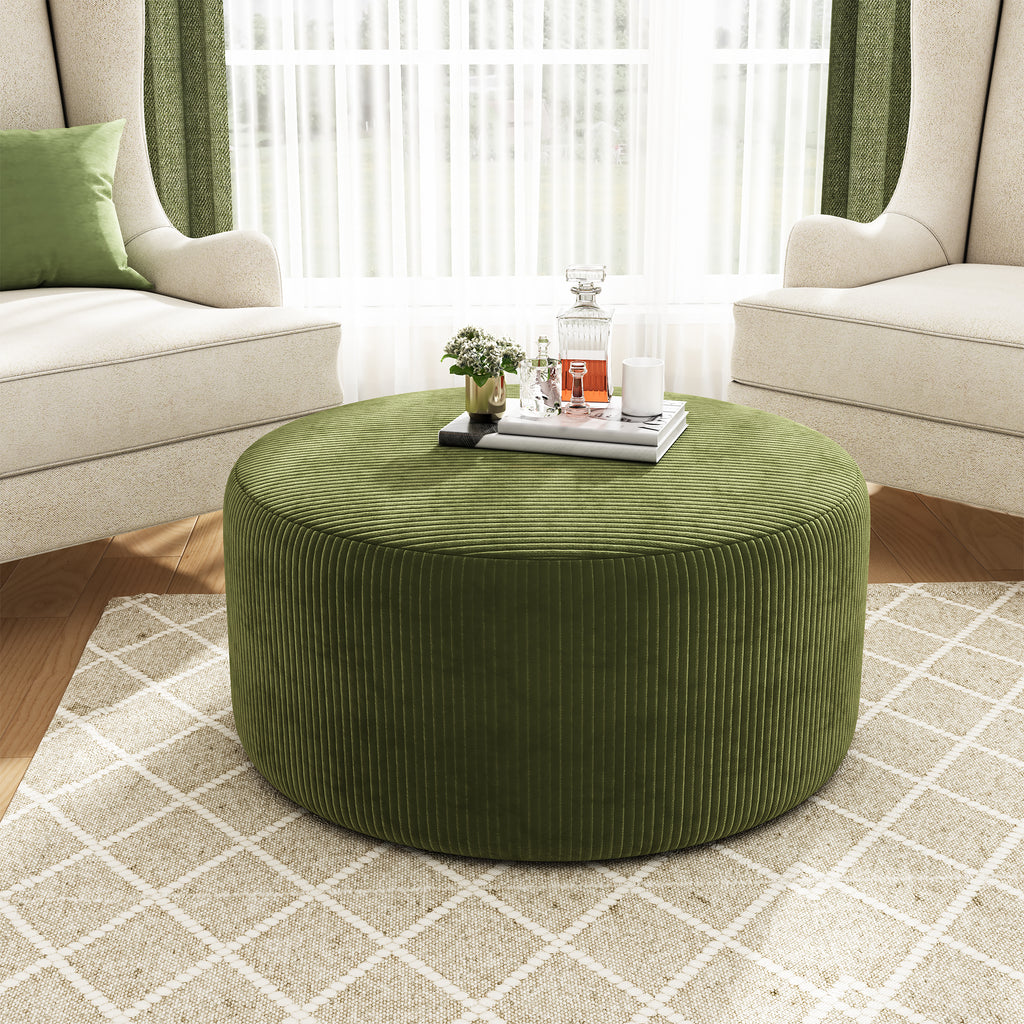Upholstered Round Ottoman,Olive Green,Corduroy