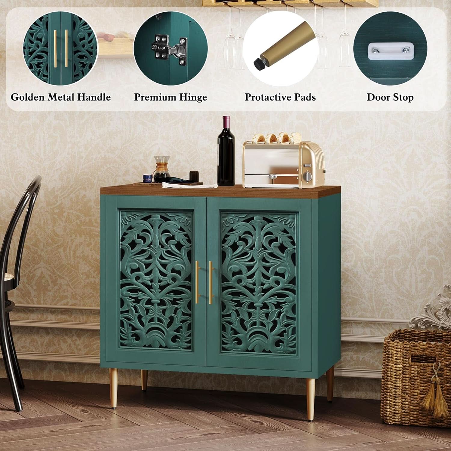 Green Accent Cabinet Carved Storage Vintage Furniture