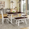 TOPMAX 6-Piece Wood Dining Table Set Kitchen Table Set with Long Bench and 4 Dining Chairs, Farmhouse Style, Espresso+White(old sku:SP000256)