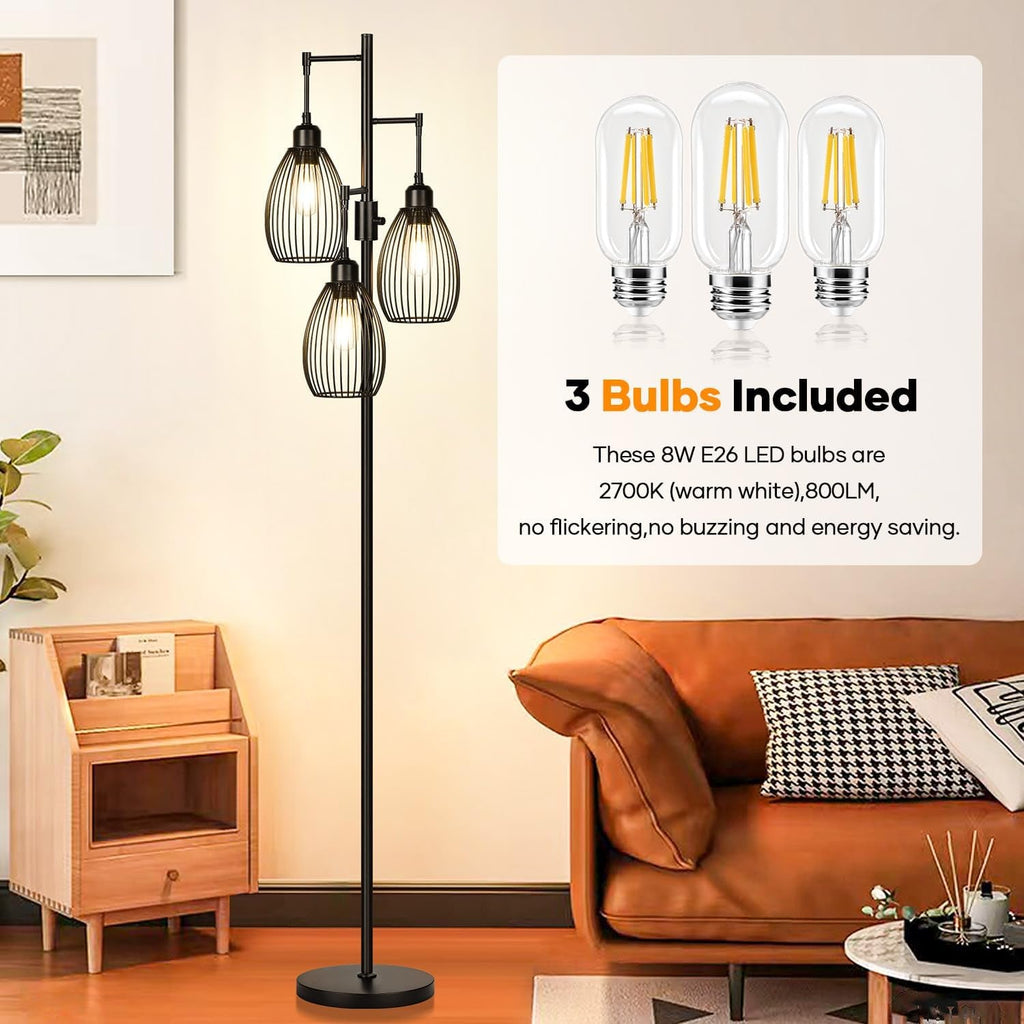 Industrial Black Floor Lamp ThreeBulb Dimmable LED