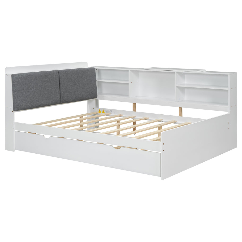 White Wood Full Size Platform Bed with Trundle, Shelves, and Storage Headboard - Solid Pine Wood+MDF, 81.3''L x 65.6''W x 35.4''H