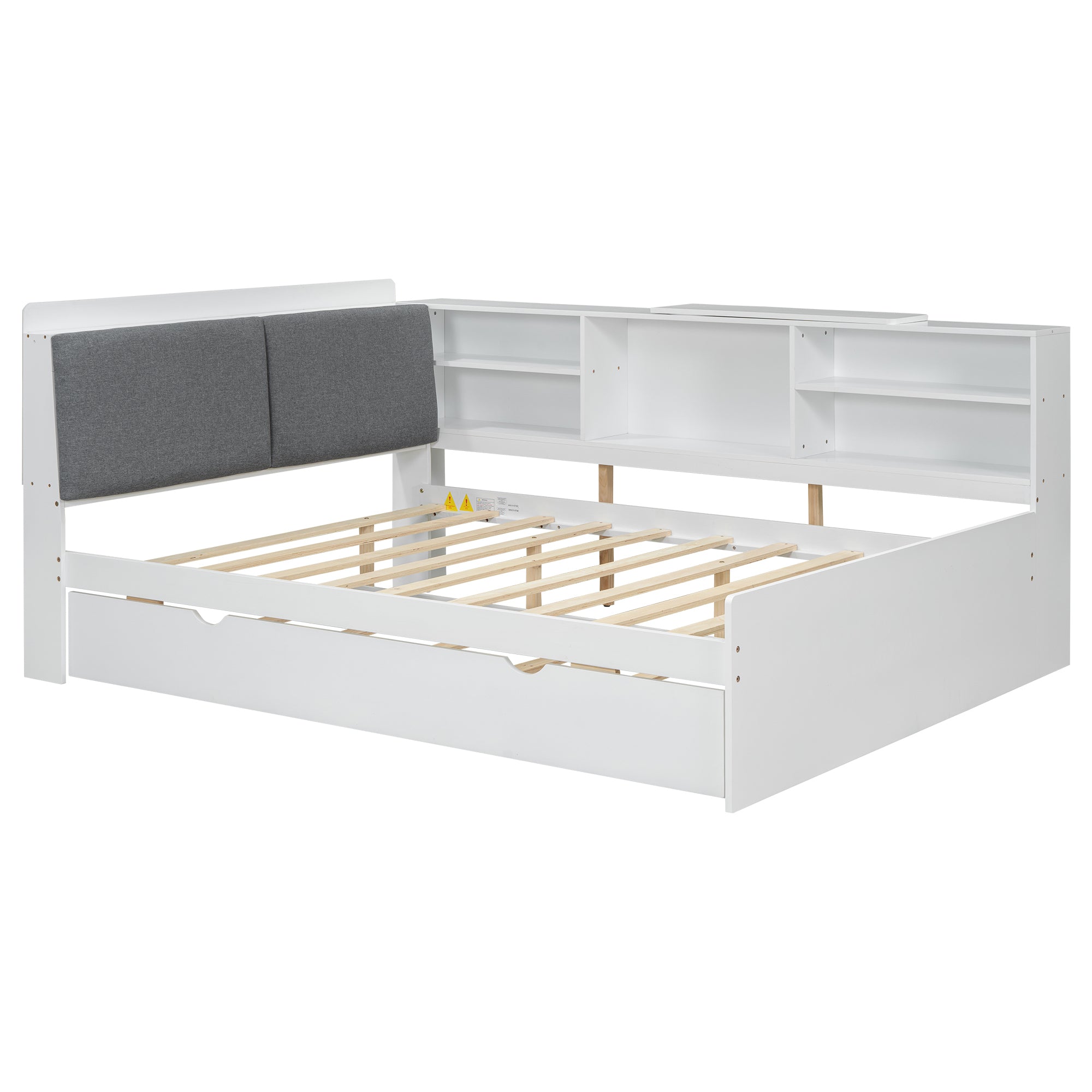 White Wood Full Size Platform Bed with Trundle, Shelves, and Storage Headboard - Solid Pine Wood+MDF, 81.3''L x 65.6''W x 35.4''H