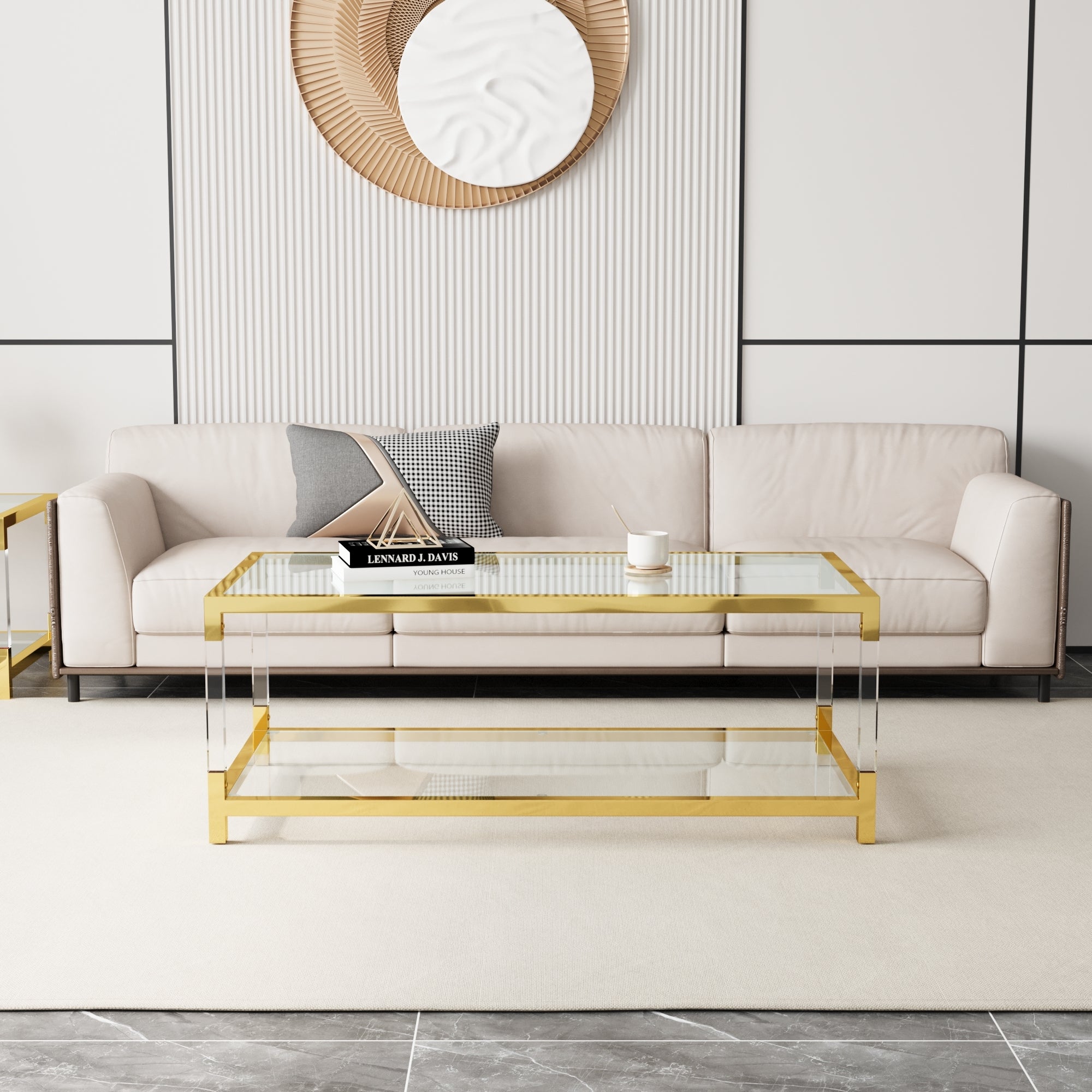 Modern Acrylic Leg Coffee Table, Double Layer Tempered Glass Top with Golden Metal Frame, 47.2x23.6x17.7 Inch Living Room Furniture