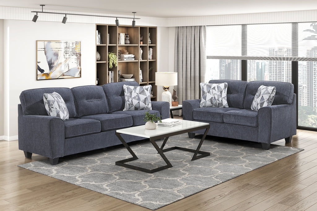 Contemporary Blue 2pc Set Sofa Loveseat Durable Chenille Fabric Decorative Pillows Wooden Living Room Furniture