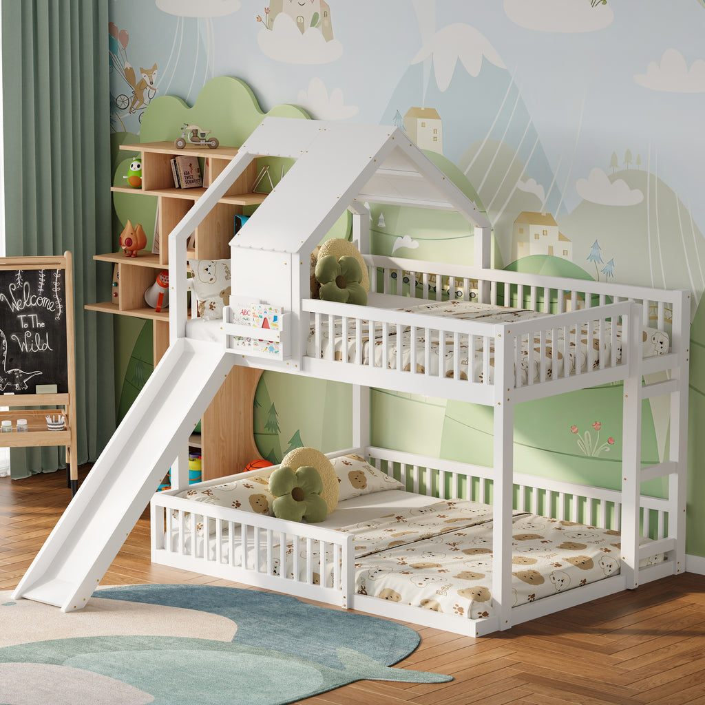 Wood Full XL Over Queen Floor House Bunk Bed Frame with Slide & Built in Ladder for Kids, Teens, Juniors, White