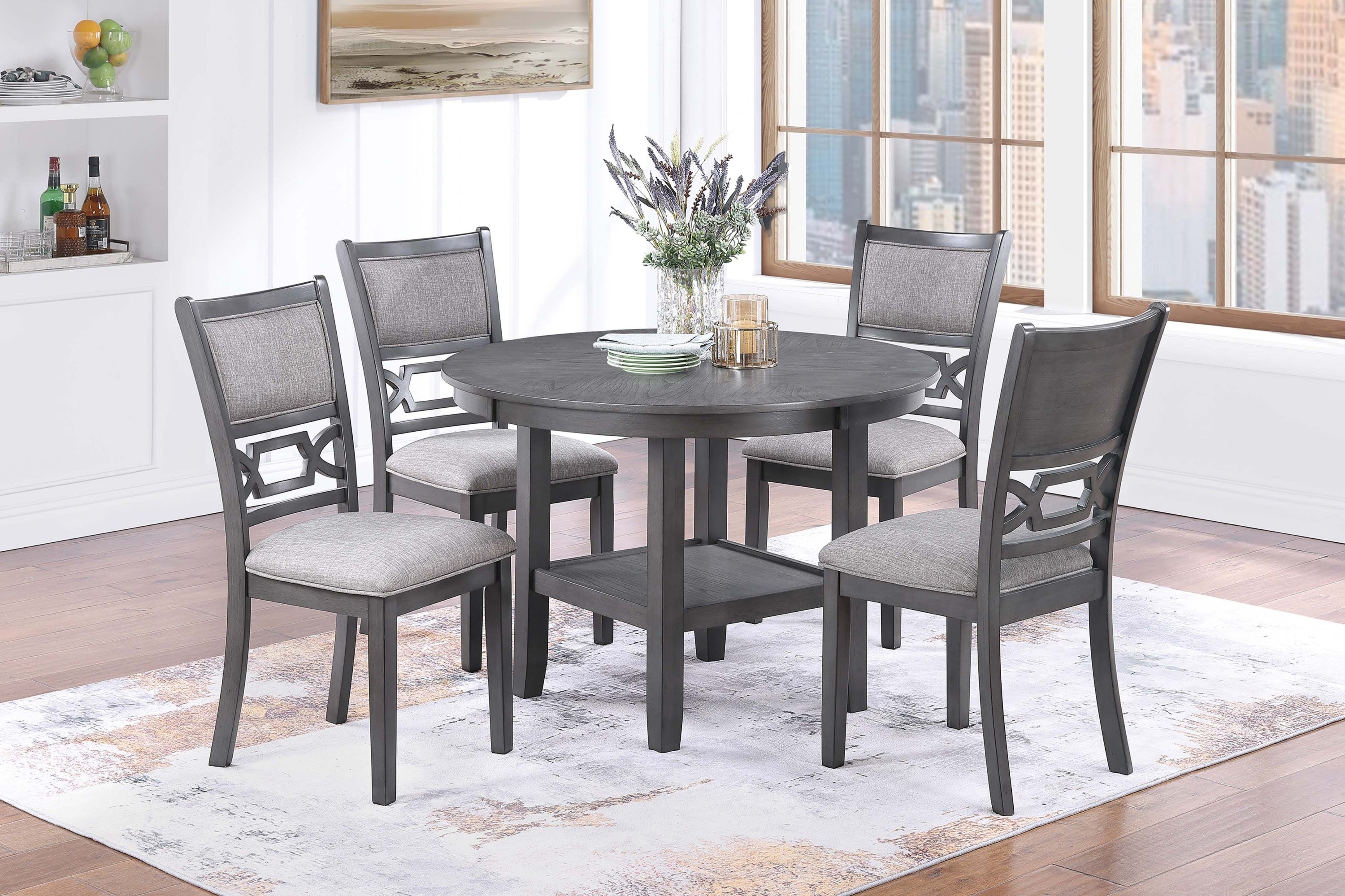 Gray Color 5pc Dining Set Round Table w Shelve Unique Design 4x Side Chairs Modern Contemporary Dining Room Furniture