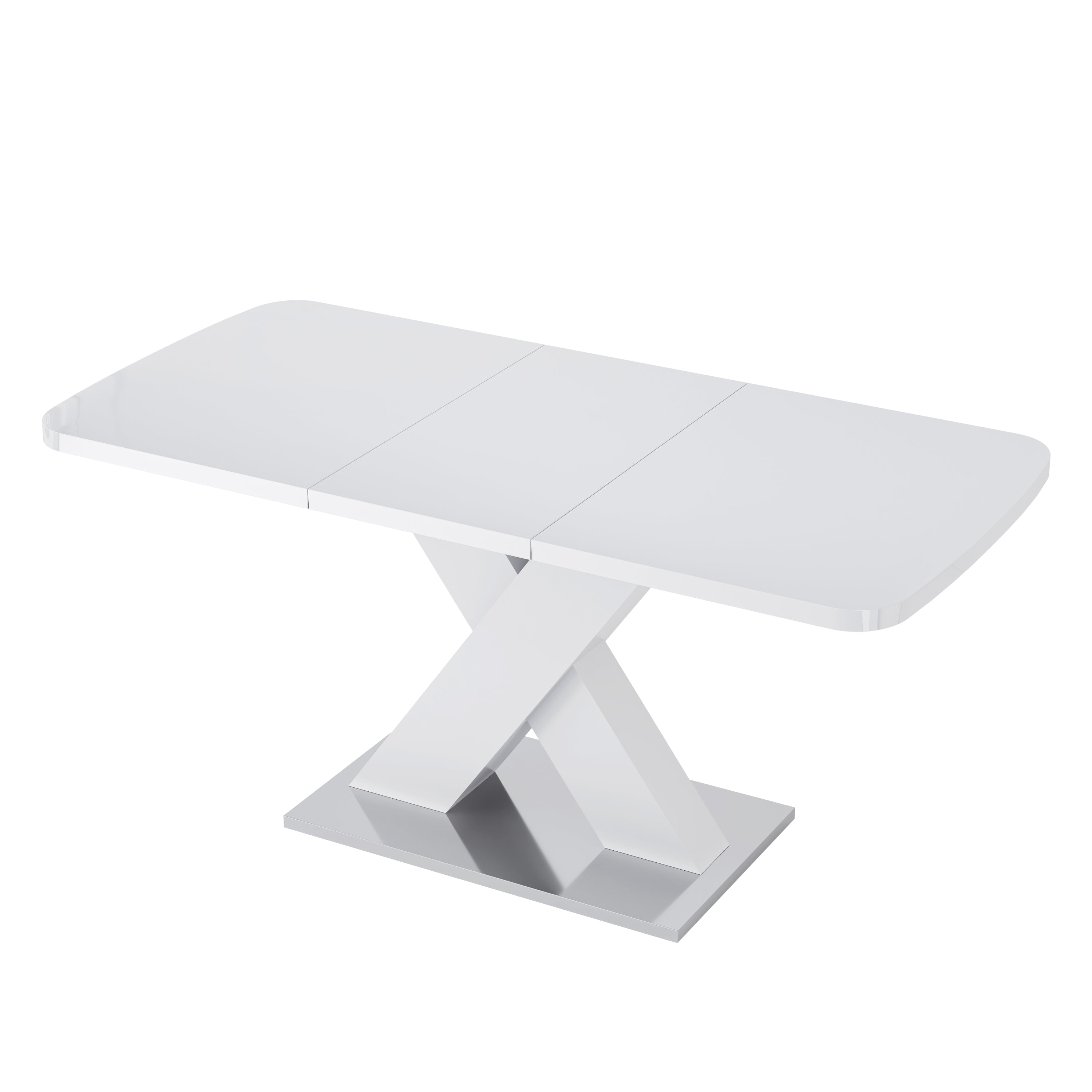 Modern Rectangle Dining Table, Stretchable, White MDF Top with X-Shape MDF Legs and Metal Base, 47.24-62.99' L x 31.5' W x 30.12' H