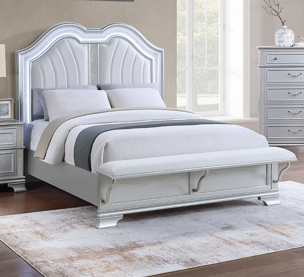 Contemporary Elegant Queen Size Bed w Built-in Footboard Bench Upholstered HB USB 1pc Bed Gray Finish