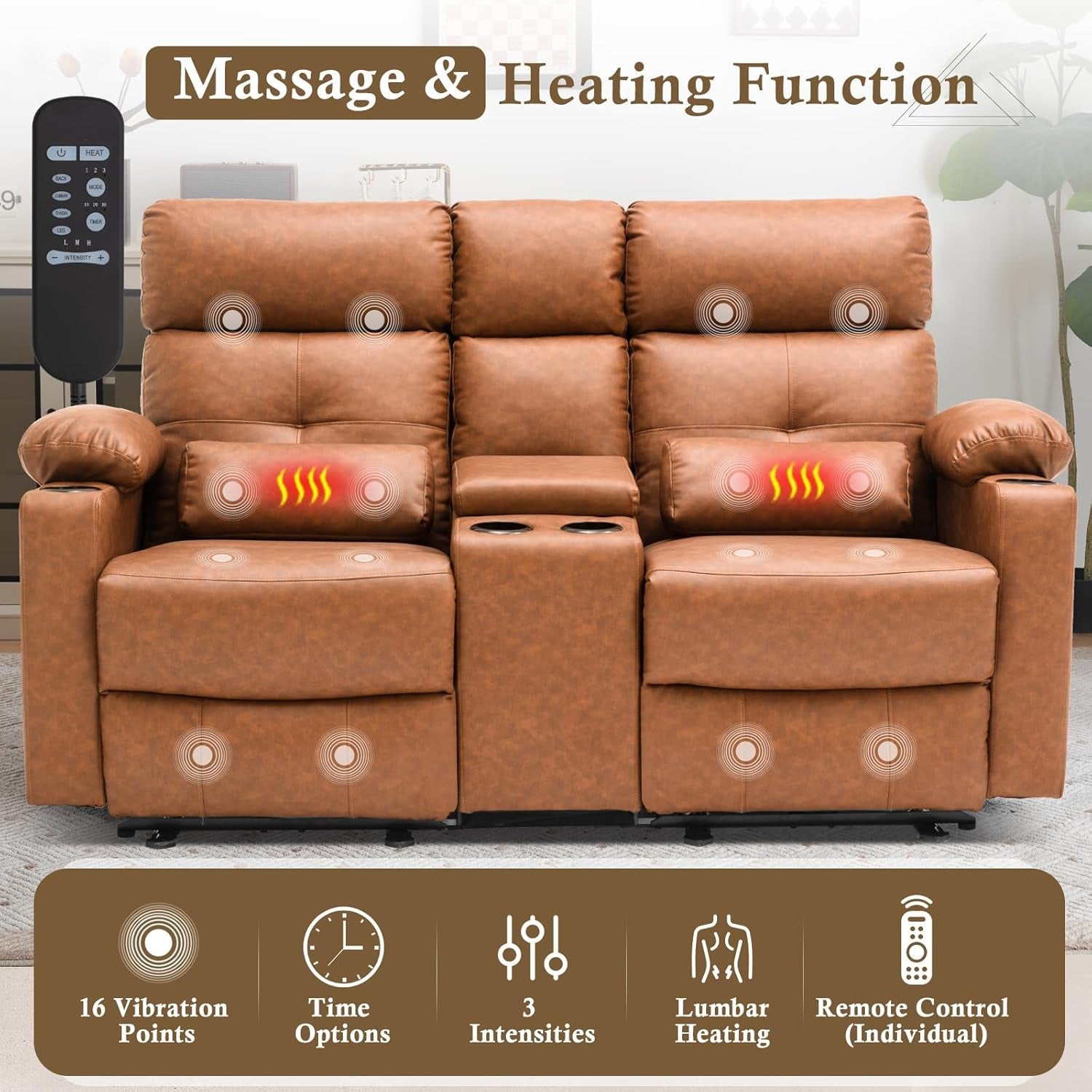 Power Recliner Loveseat With Console Yellowish Brown-2