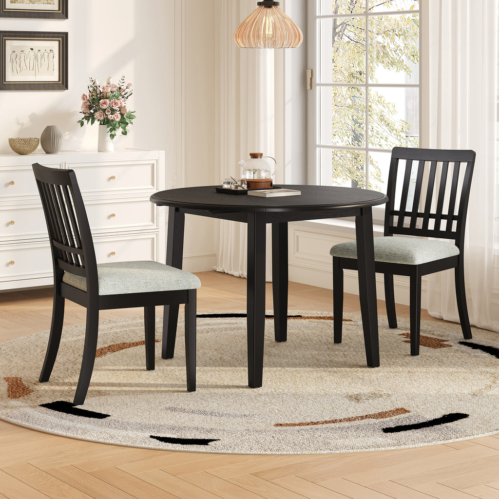 3-Piece Round Dining Table Set for 2 People, 1 Folding Wood Dining Table + 2 Upholstered Chairs, Space-Saving Design for Small Apartments and Dining Areas - BLACK