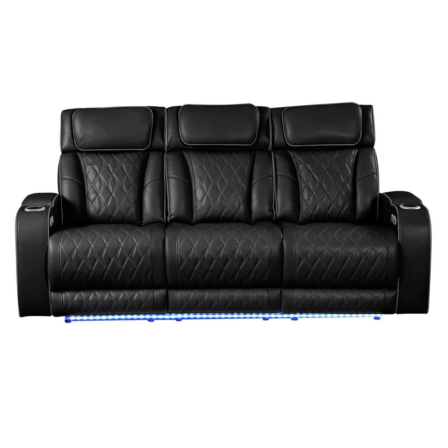 Fortuner Power Reclining Sofa in Black Faux Leather with Power Headrests, Massage Function, LED Lights, Wireless Charging, Cup Holders and USB Ports