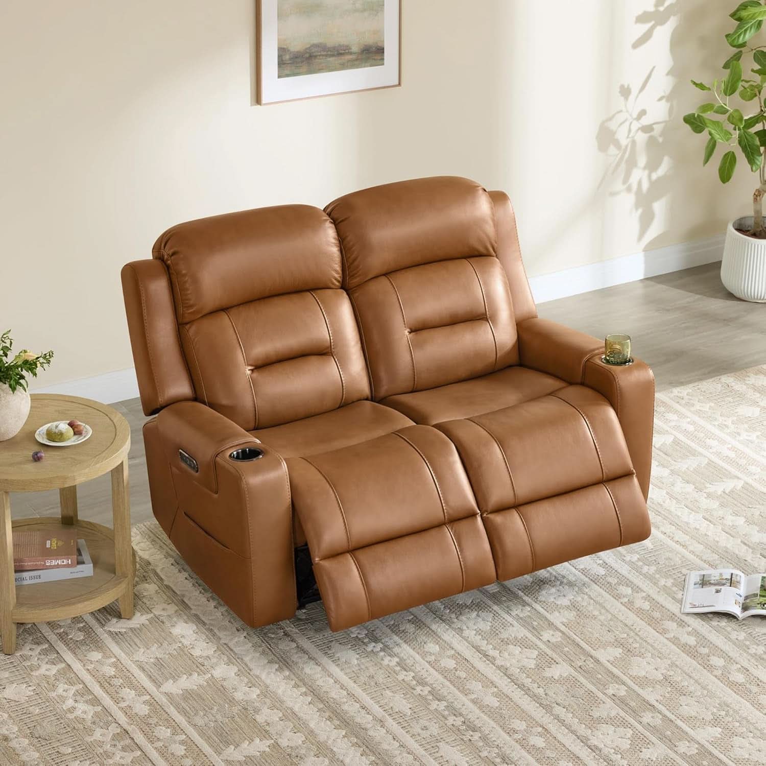 Saddle Brown Leather Power Headrest Loveseat Recliner-2