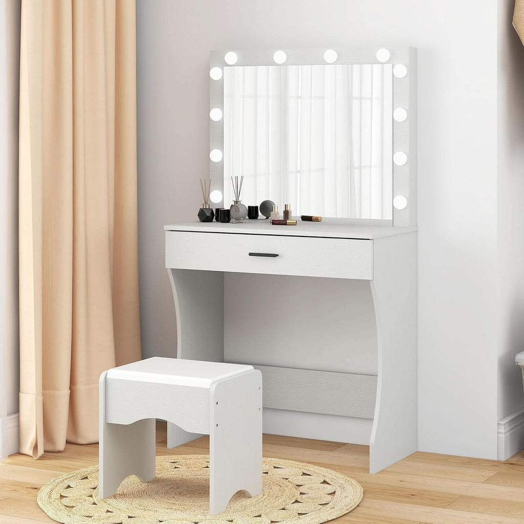 White Vanity Desk With Ultra Bright LED Mirror Storage-1