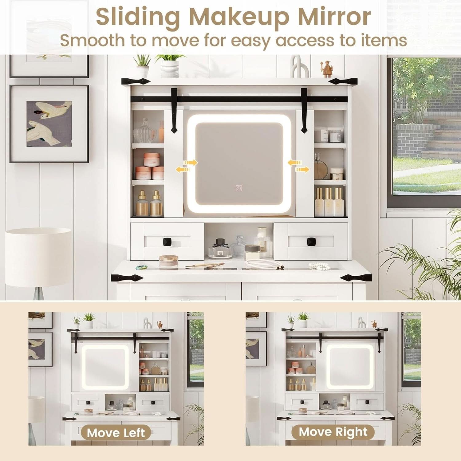White Vanity Desk With Sliding Mirror Illumination-4