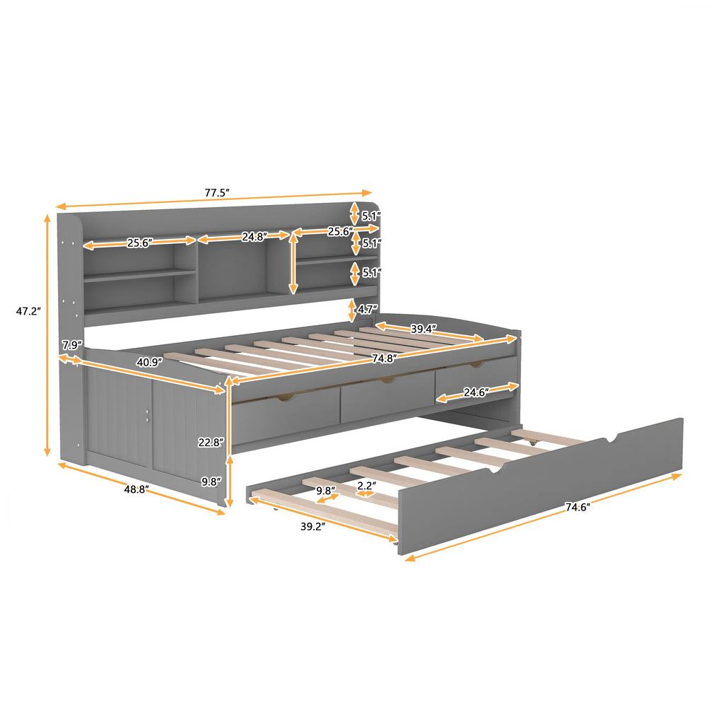 Light Grey Twin Size Wooden Captain Bed with Built-in Bookshelves, Three Storage Drawers, and Trundle, Solid Pine Wood and MDF