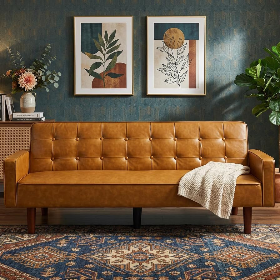 Brown PU Full Grain Leather SpaceSaving Three Seater Sofa-0