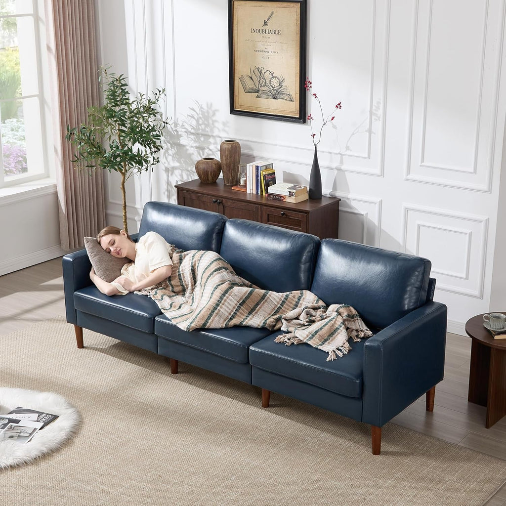 Mid Century Modern Faux Leather Sofa 91Inch Navy Blue-2