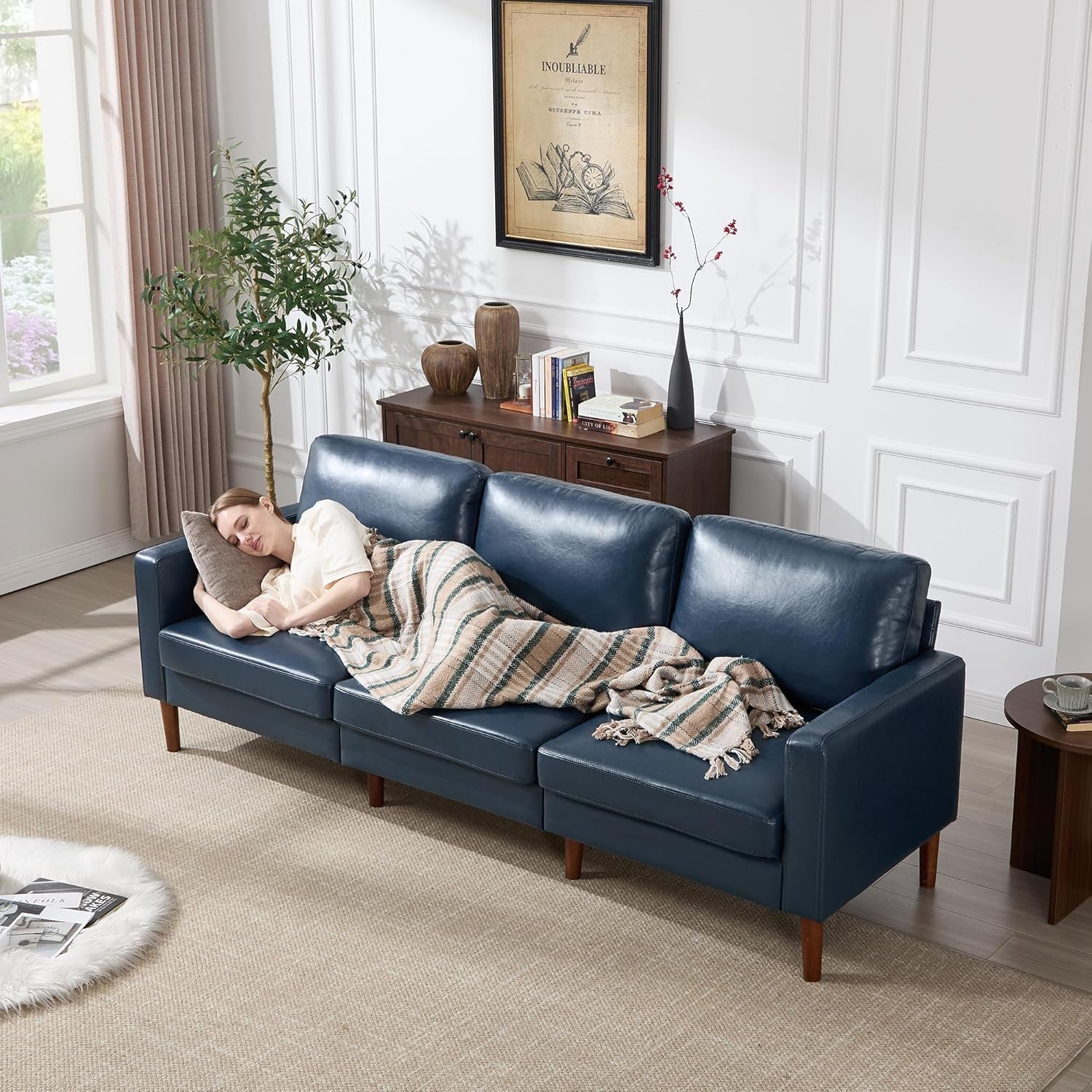 Mid Century Modern Faux Leather Sofa 91Inch Navy Blue-2