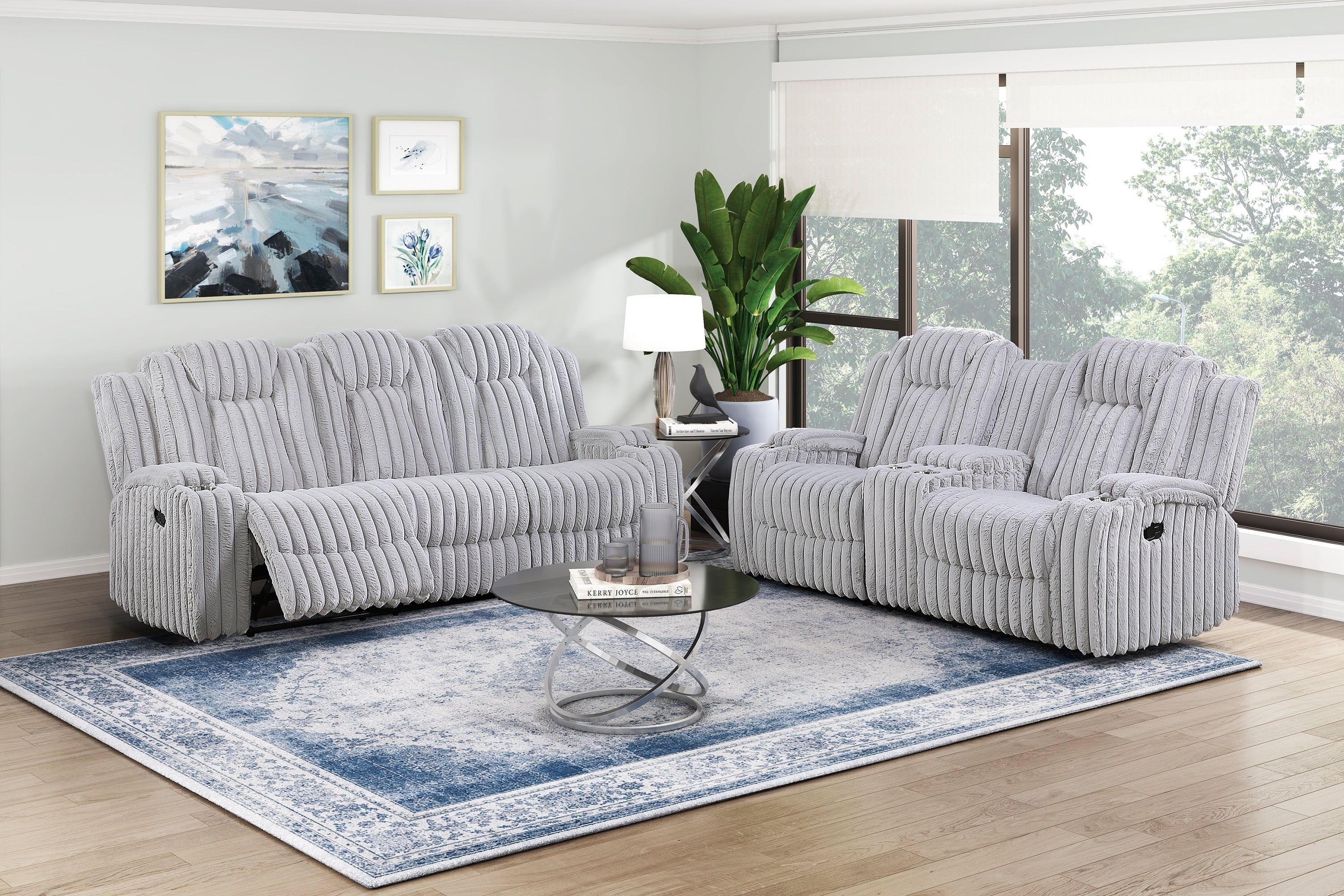 Light Gray Ultra Comfort Sofa 2pc Set Reclining Sofa Loveseat Storage Console Cup Holders Premium Corduroy Living Room Furniture