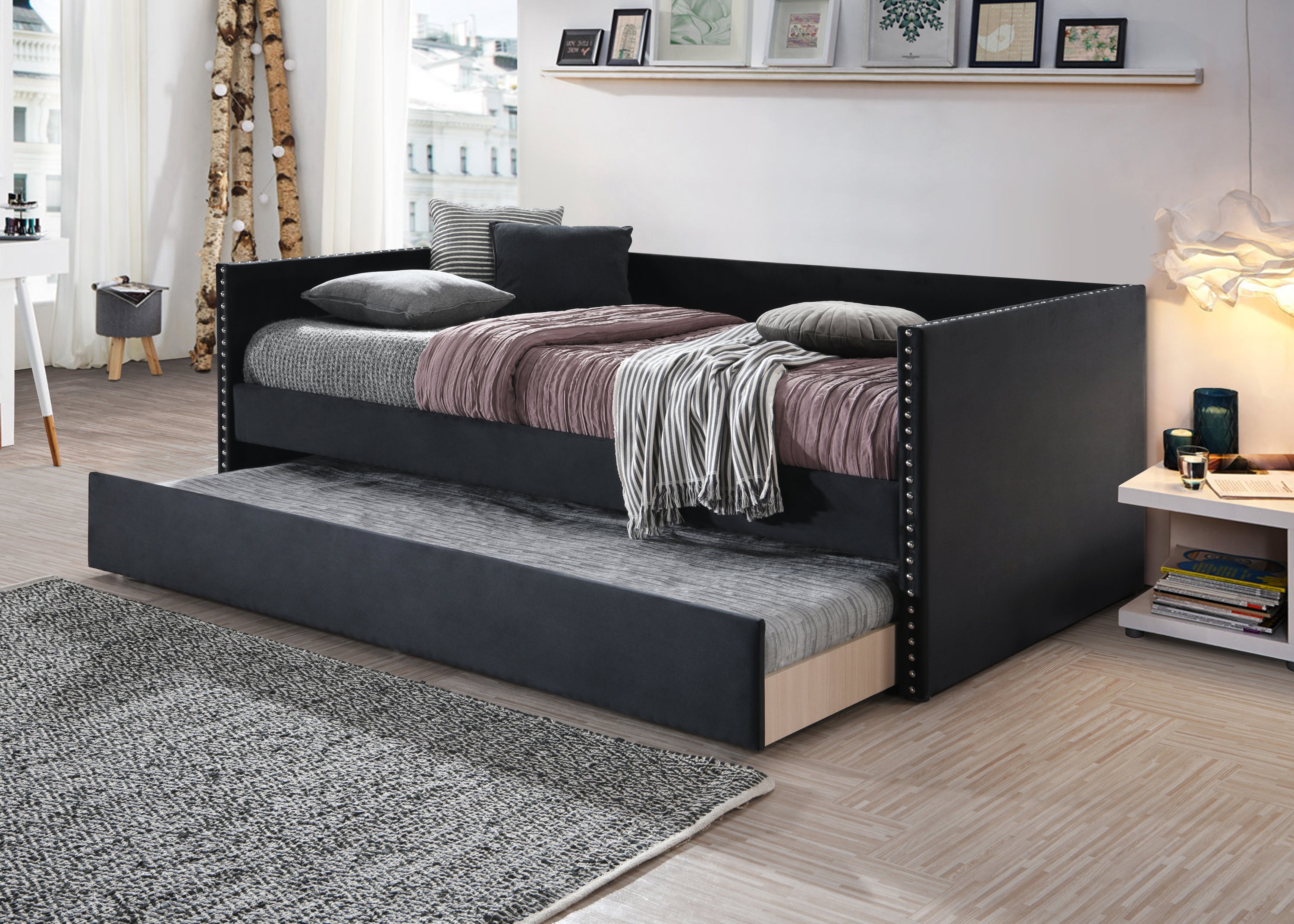 Beautiful 1pc Modern Daybed Tufted Nailhead Trim Armrest Pull Out Trundle Bedroom Living Room Furniture Black Finish