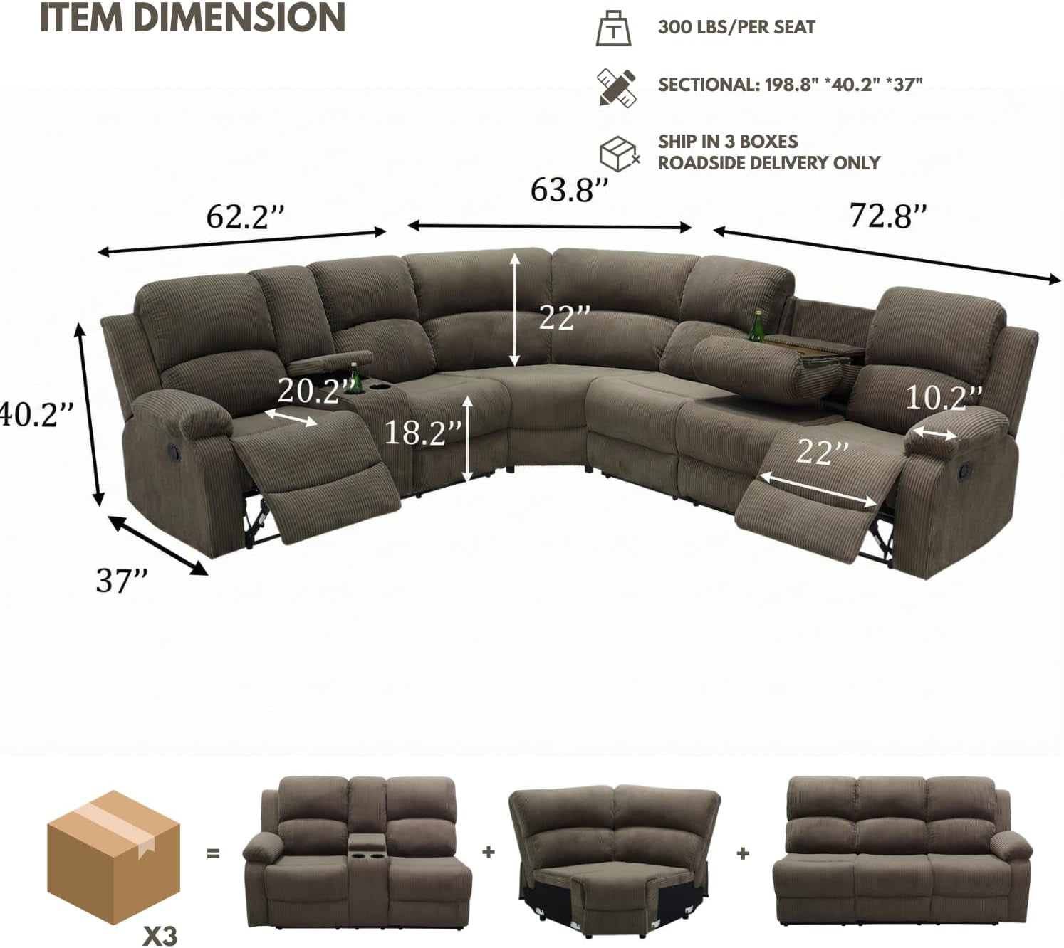 Comfortable Recliner Sectional Sofa Peanut Cup Holders-1