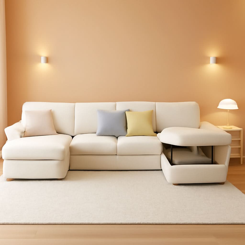 130 Inch Beige Corduroy Sectional Sofa Bed Storage Compartment-0