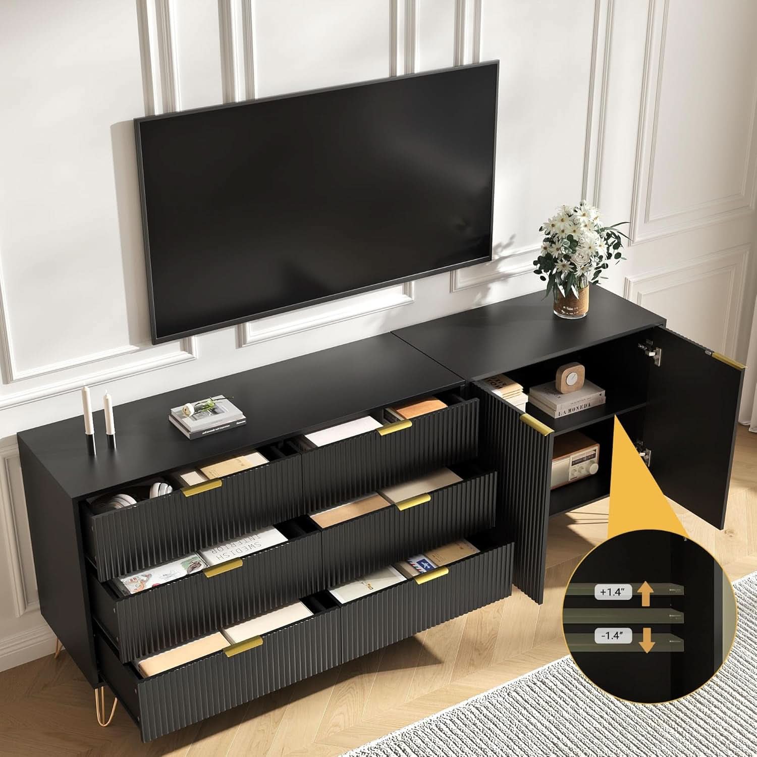 78 Inch TV Entertainment Stand Black With Fluted Shelves