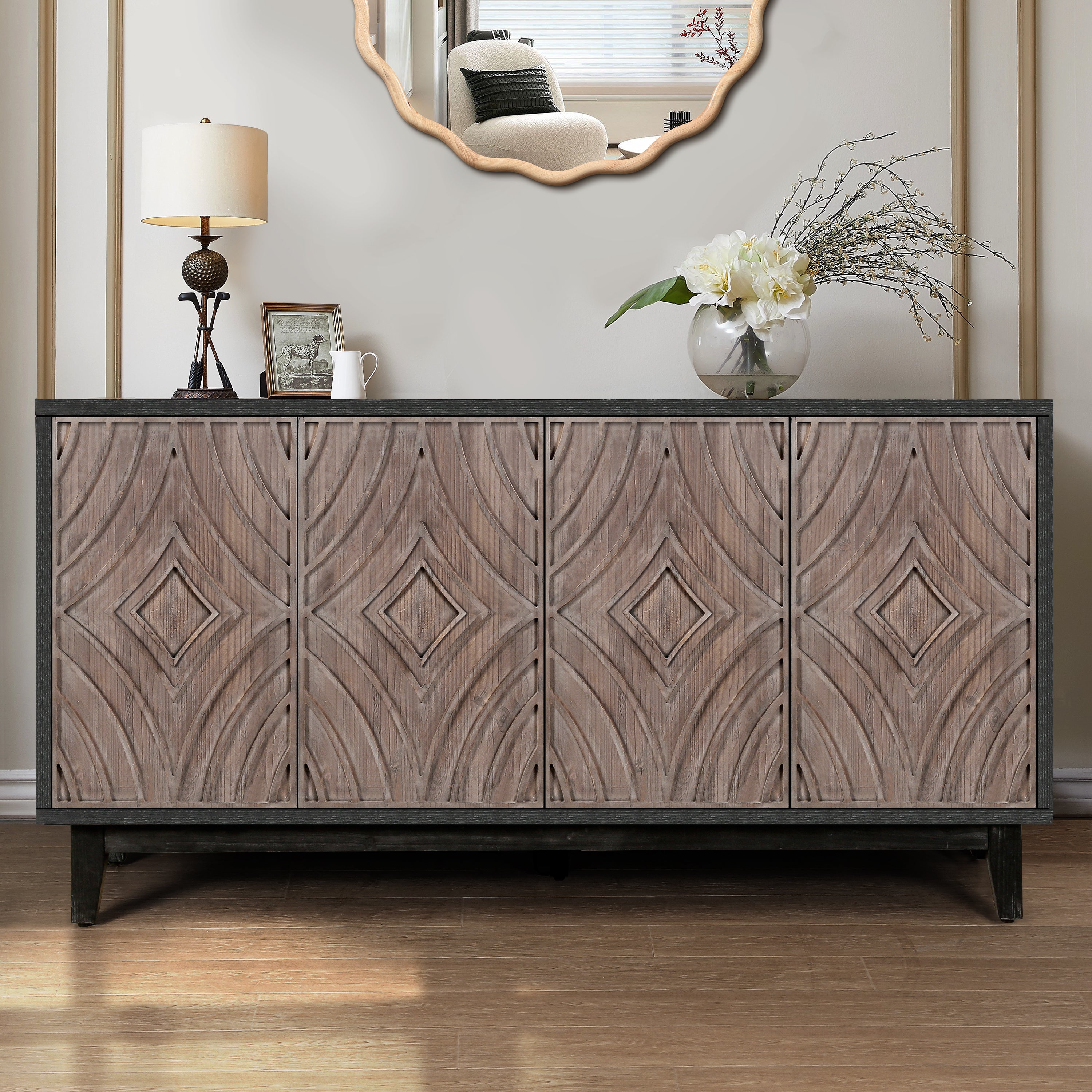 Mid Century Sideboard Buffet Cabinet with Solid Wood Legs 60' Kitchen Storage Cabinet Credenza with 4 Convex pattern diamond Doors and 2 Shelves Accent Console Table for Living Room  Entrance Hall etc