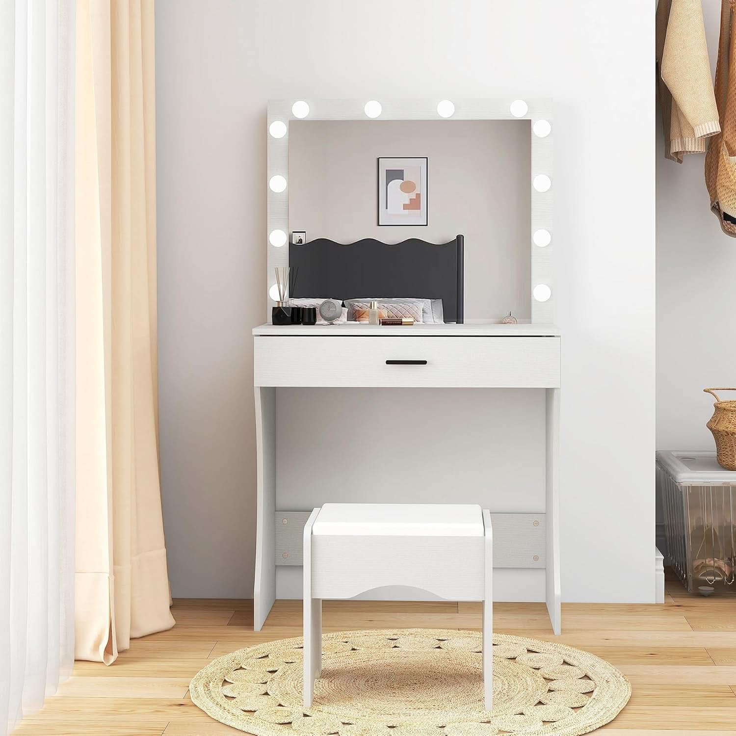 White Vanity Desk With Ultra Bright LED Mirror Storage-2