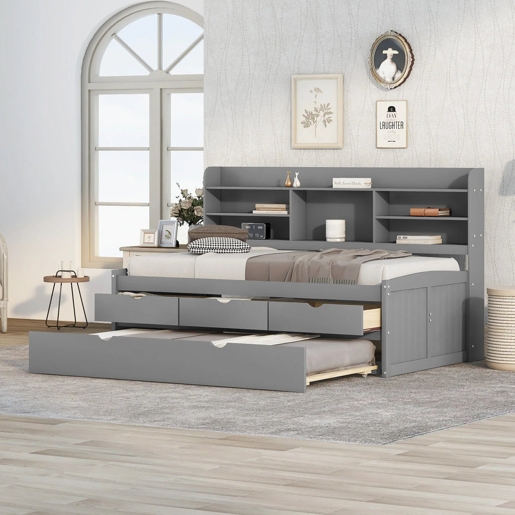 Light Grey Twin Size Wooden Captain Bed with Built-in Bookshelves, Three Storage Drawers, and Trundle, Solid Pine Wood and MDF